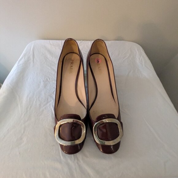 Vintage PRADA Burgundy Patent Leather Square-Toe Pumps with Silver Buckle (Size - Picture 1 of 4